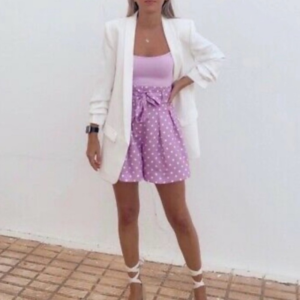ZARA Lilac & White Polka Dot High Waisted Flowy Satin‎ Belted Paperbag Shorts XS